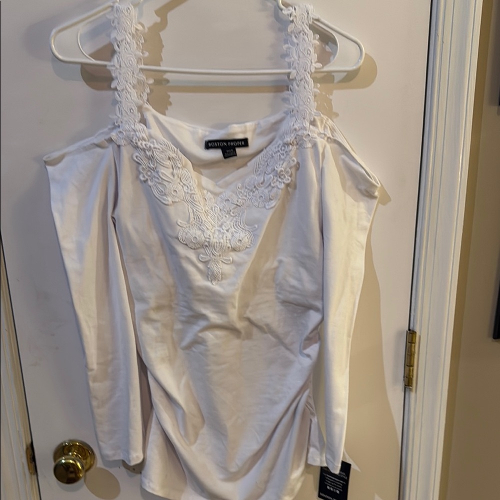 Boston Proper White Embroidered Blouse
